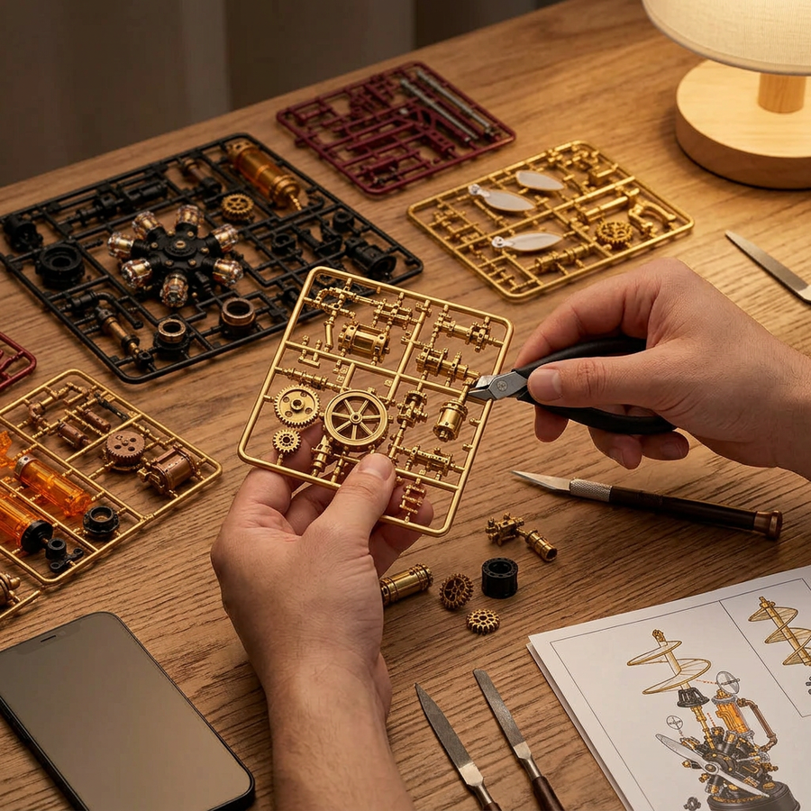 Step 1 of the build: Pop out – Mechanical Model Kit — The Industrial City Hand-Crank Helicopter