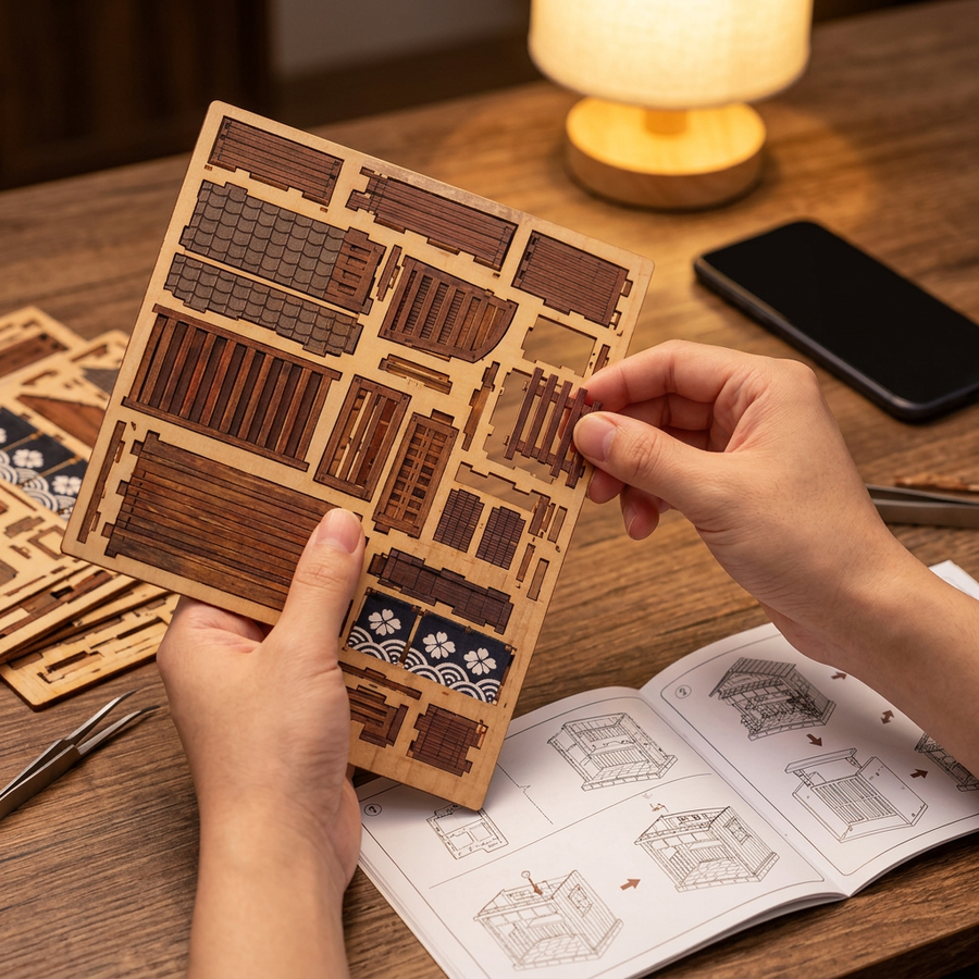 Schritt 1 beim Aufbau: Herauslösen – Book Nook Kleine Izakaya – Japanisches Set im Entdeckerformat mit LED