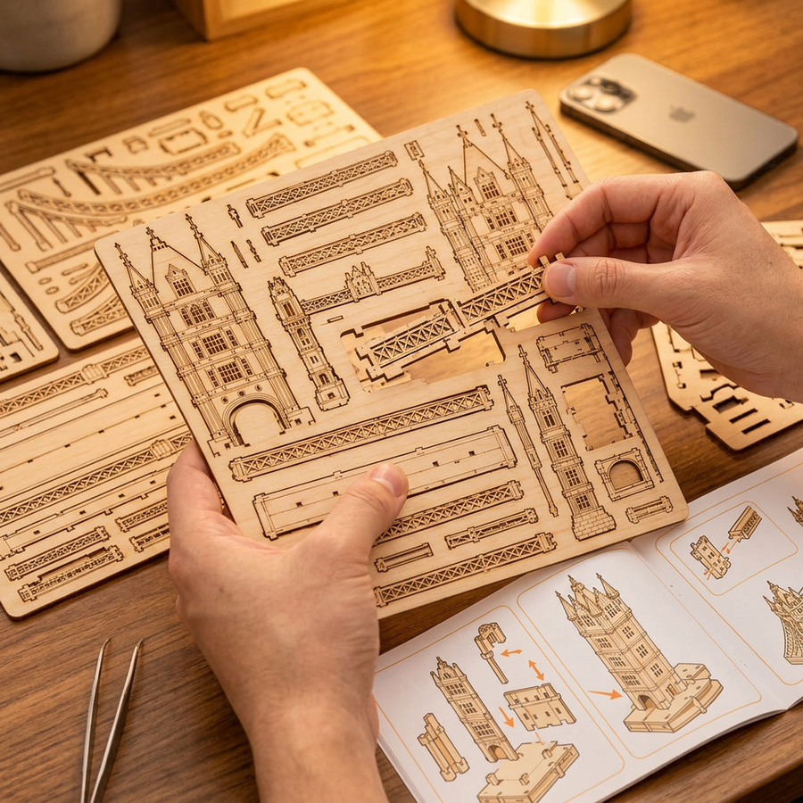 Schritt 1 beim Aufbau: Herauslösen – 3D-Puzzle aus Holz — Die beleuchtete Tower Bridge