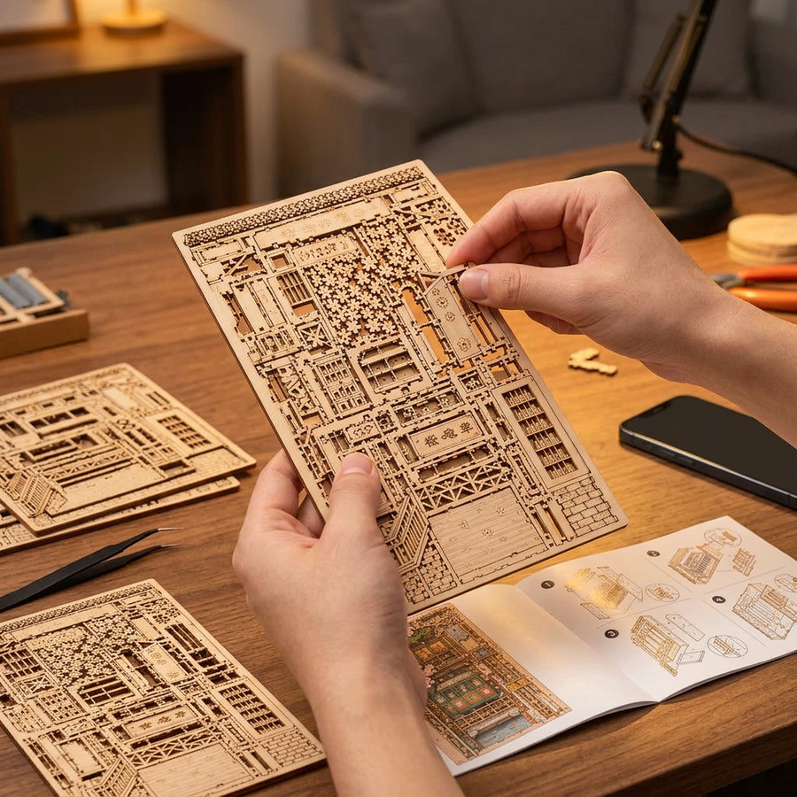 Schritt 1 beim Aufbau: Herauslösen – Book Nook Sakura-Straßenbahn — Japanischer DIY-Bausatz aus Holz