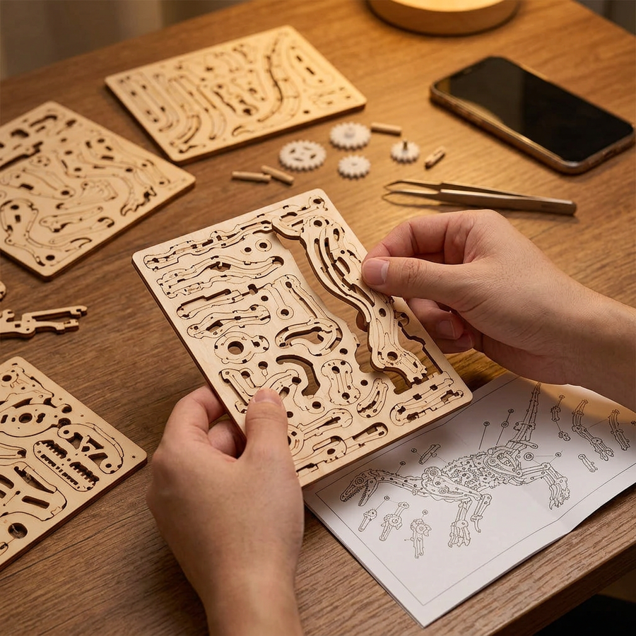 Schritt 1 beim Aufbau: Herauslösen – 3D-Puzzle aus Holz — Der laufende Velociraptor