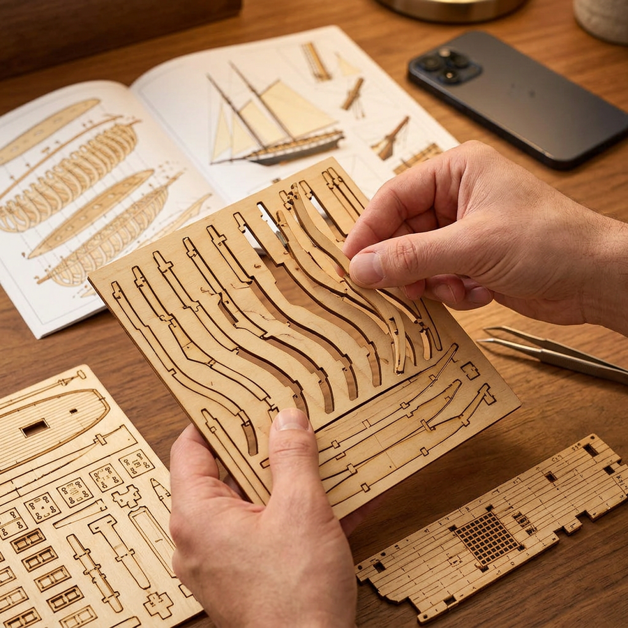 Step 1 of the build: Pop out – Wooden Model Ship Kit — The Harvey Sailboat
