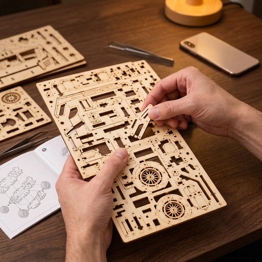 Step 1 of the build: Pop out – Wooden Car Model Kit — The Grand Prix Racer