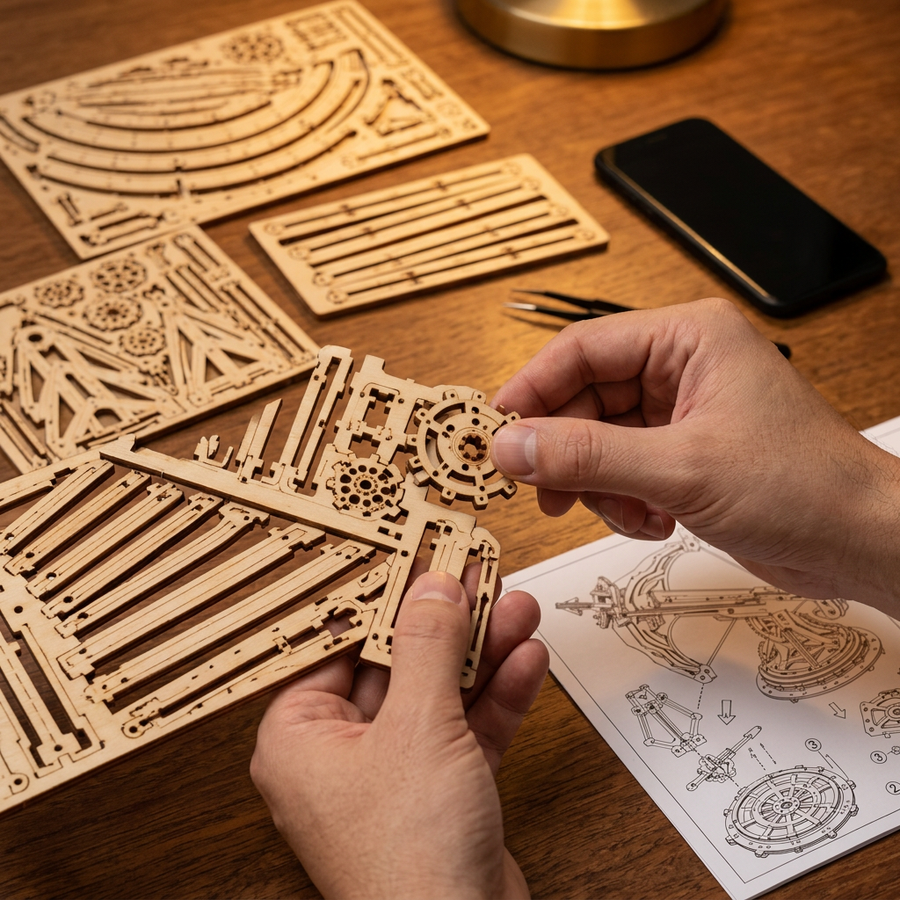Step 1 of the build: Pop out – Mechanical Wooden Model Kit — The Rampart Ballista