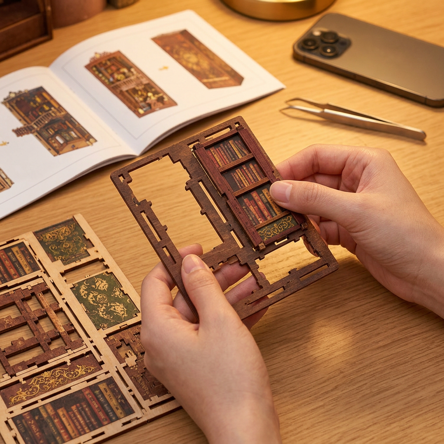 Étape 1 du montage de La Bibliothèque de l'Horloge : détacher les pièces prédécoupées