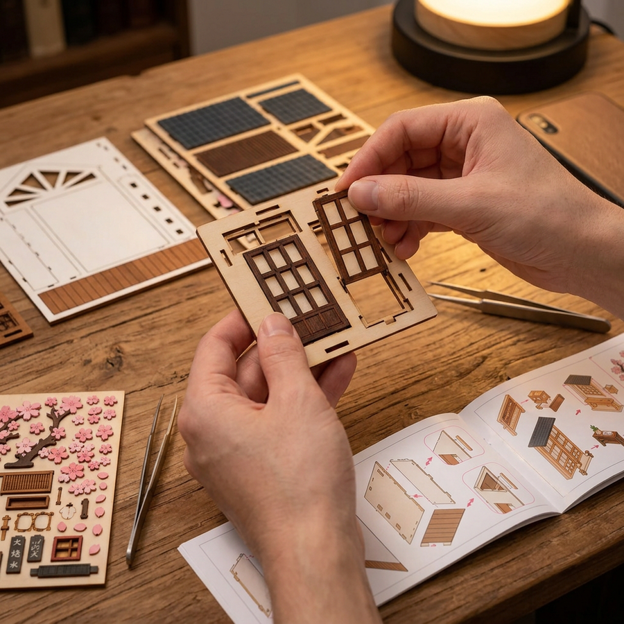 Schritt 1 beim Aufbau: Herauslösen – Book Nook Sakura-Regen – Japanisches Kirschblüten-Set aus Holz mit LED