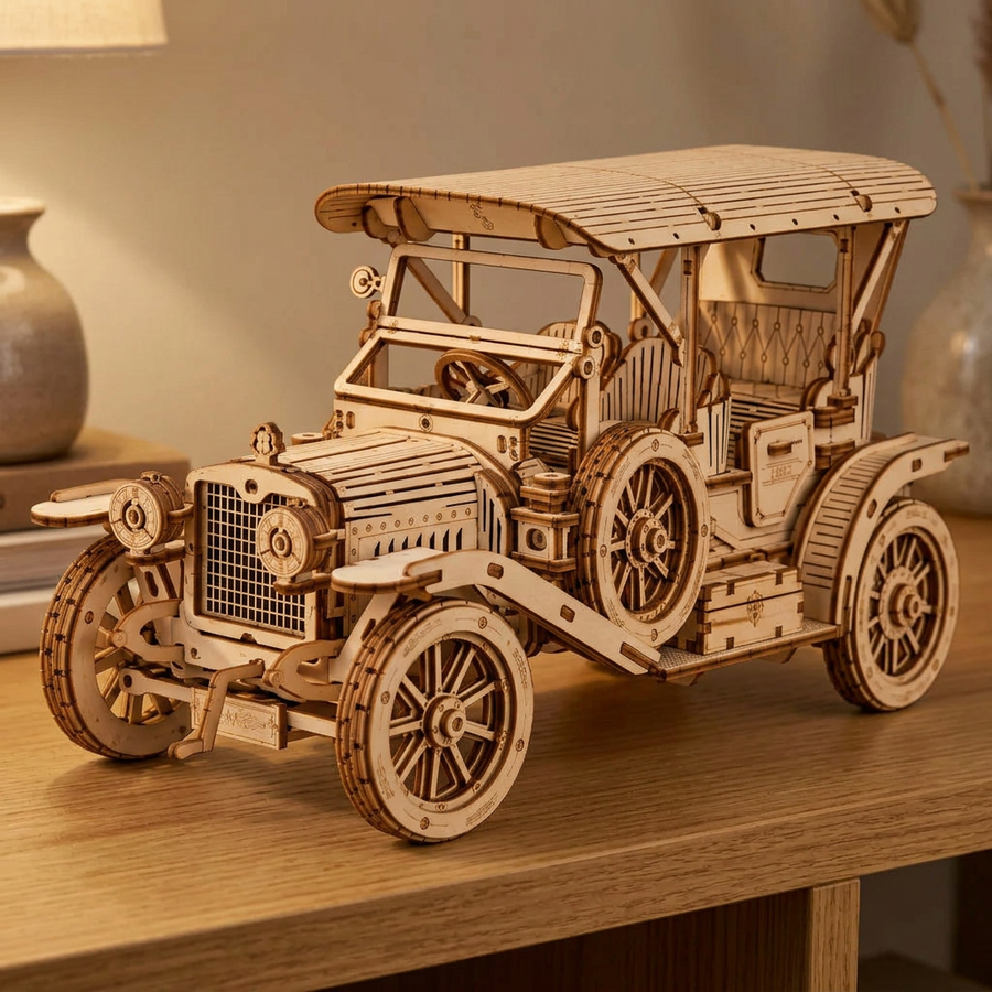 Schritt 3 beim Aufbau: Ausstellen – Modellauto Bausatz aus Holz — Die Limousine von damals
