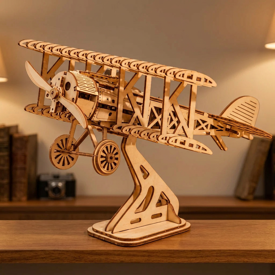 Schritt 3 beim Aufbau: Ausstellen – Modellflugzeug Bausatz aus Holz — Der Doppeldecker