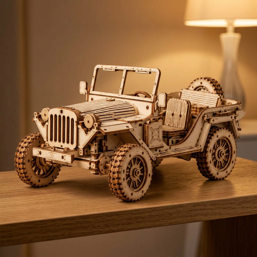 Schritt 3 beim Aufbau: Ausstellen – Modellauto Bausatz aus Holz — Der Geländewagen