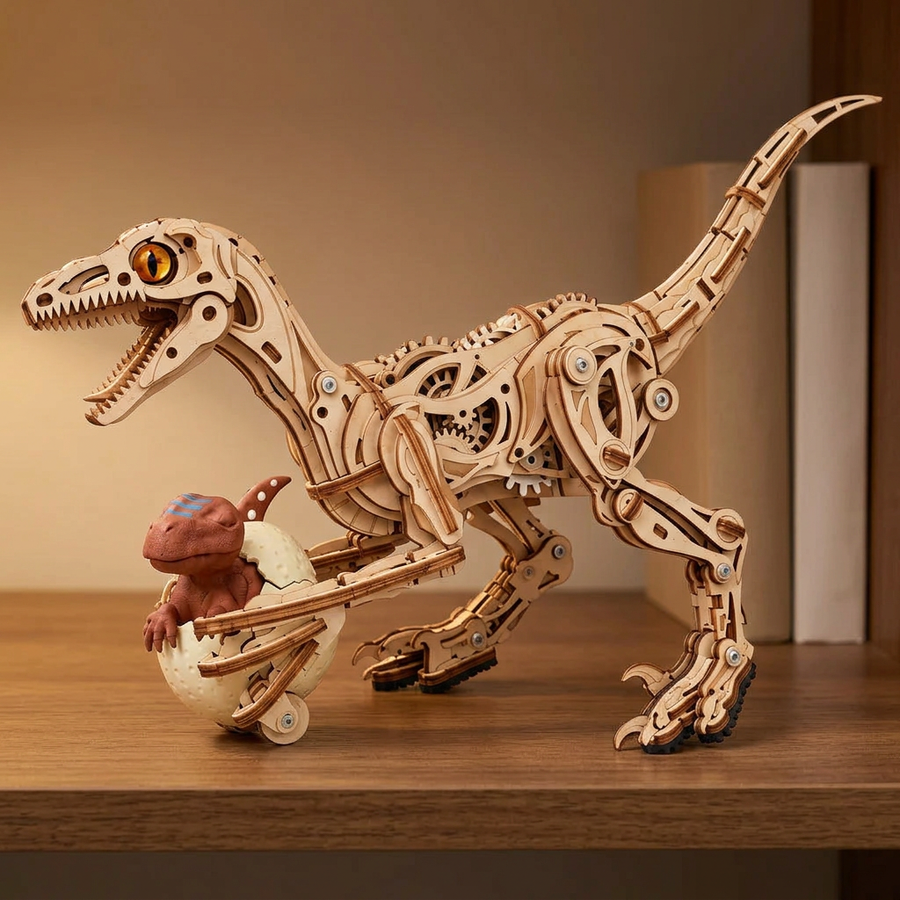 Schritt 3 beim Aufbau: Ausstellen – 3D-Puzzle aus Holz — Der laufende Velociraptor