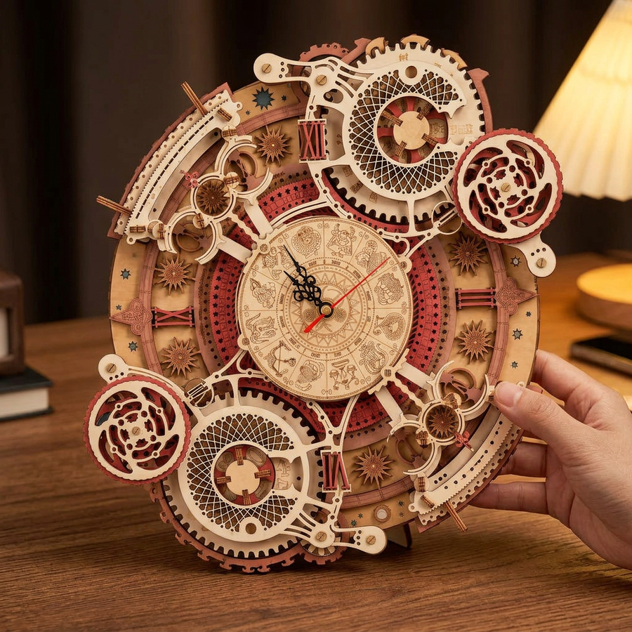 Schritt 3 beim Aufbau: In Gang setzen – Uhr-Bausatz aus Holz — Die Steampunk-Wanduhr