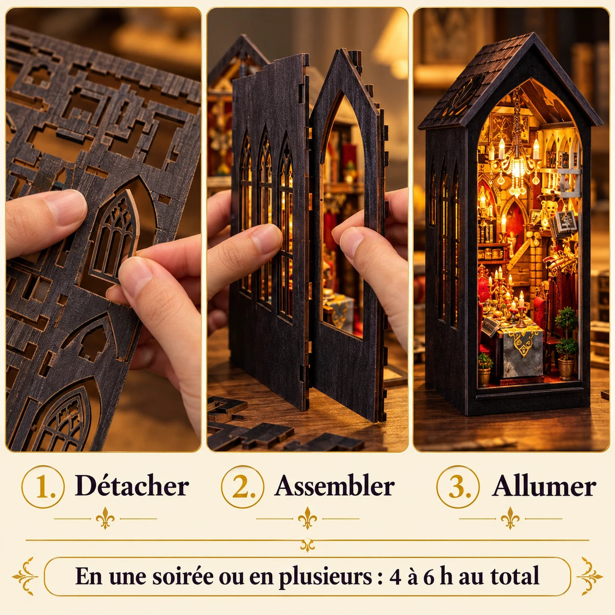 Les trois étapes de montage de la Taverne des Ombres