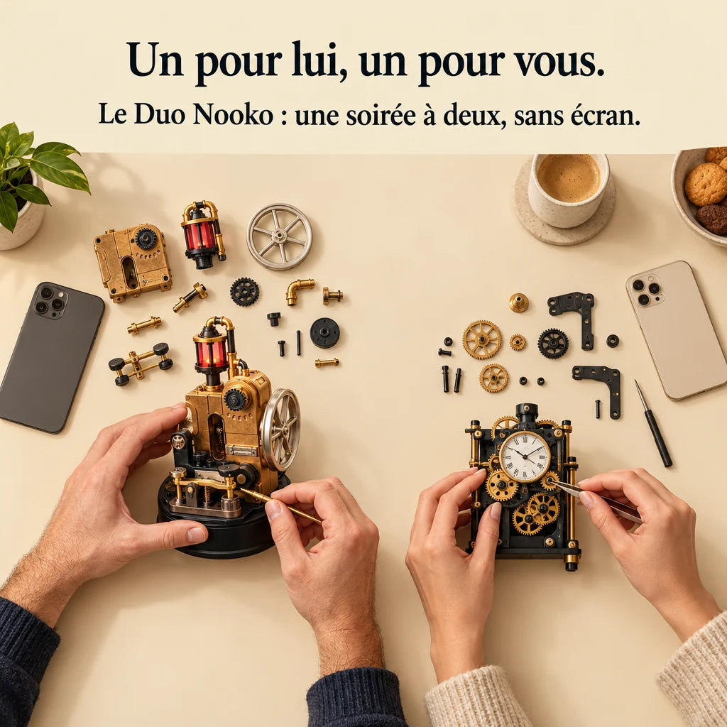 Two people building a NOOKO kit side by side, a screen-free evening