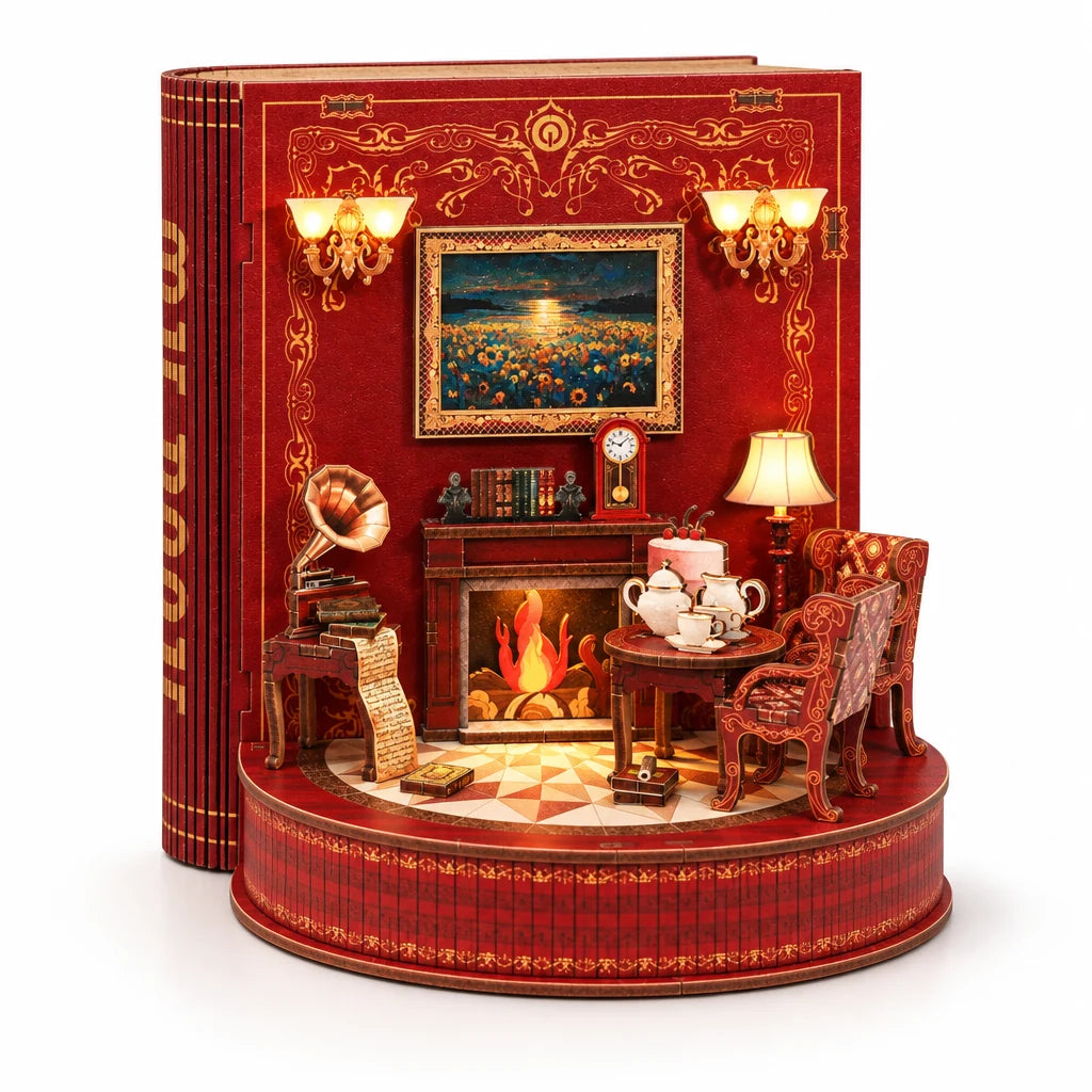 Storybook Theater by NOOKO, assembled and lit up on a white background