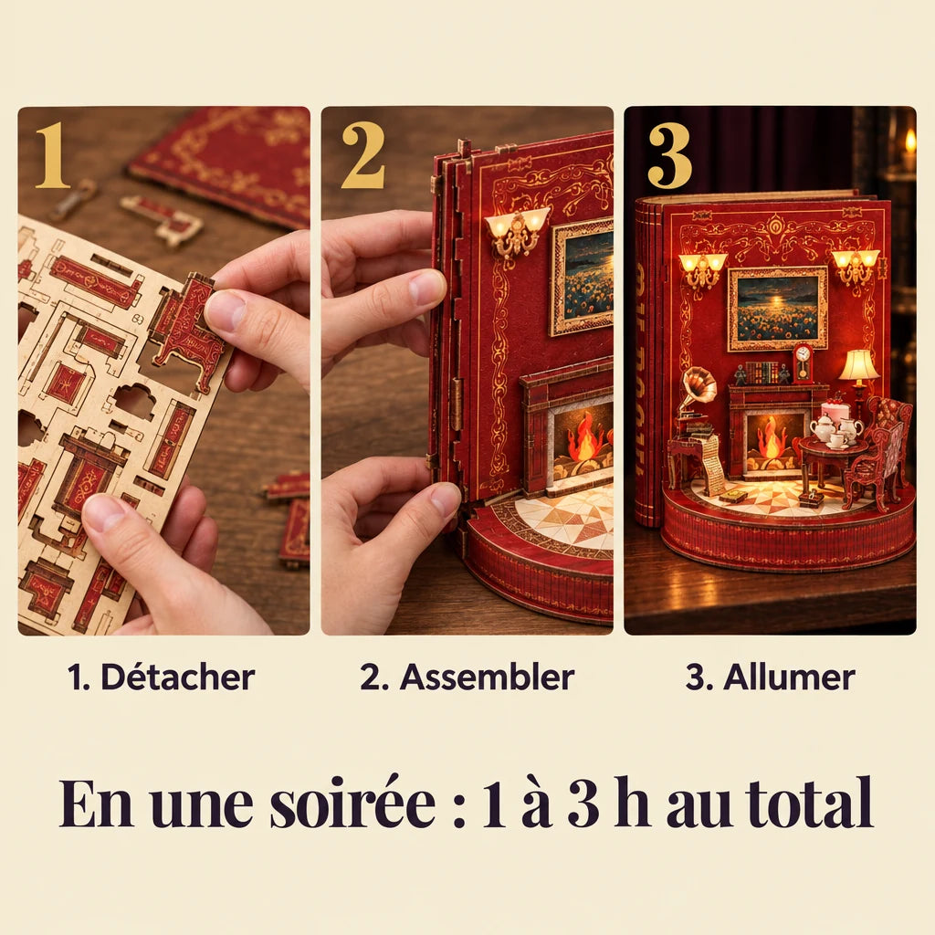 The three build steps of the Storybook Theater kit