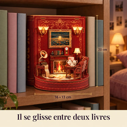 Storybook Theater slipped between two books, dimensions 16 × 13 × 20 cm
