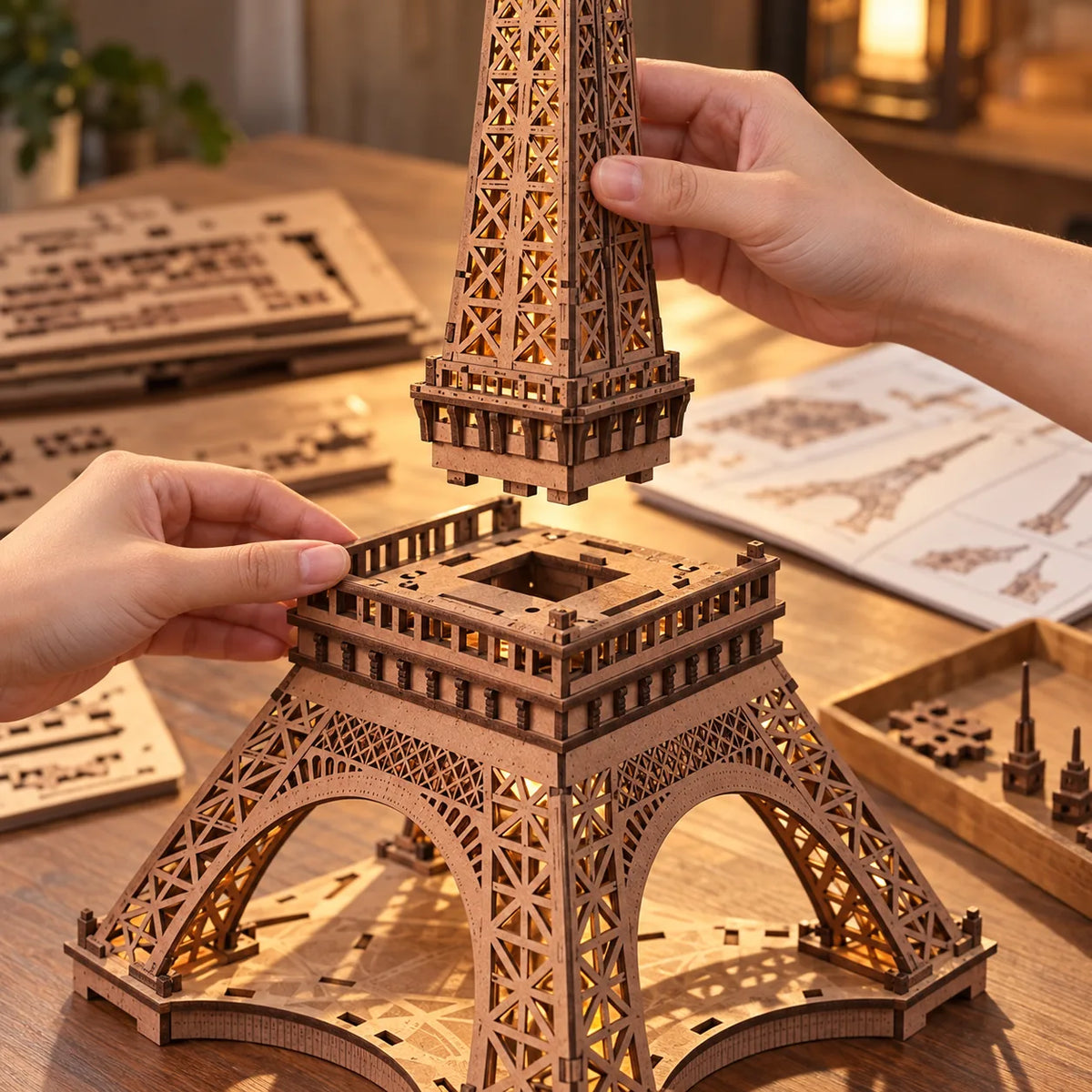 Installation de la partie supérieure sur la plateforme de la Tour Eiffel en bois