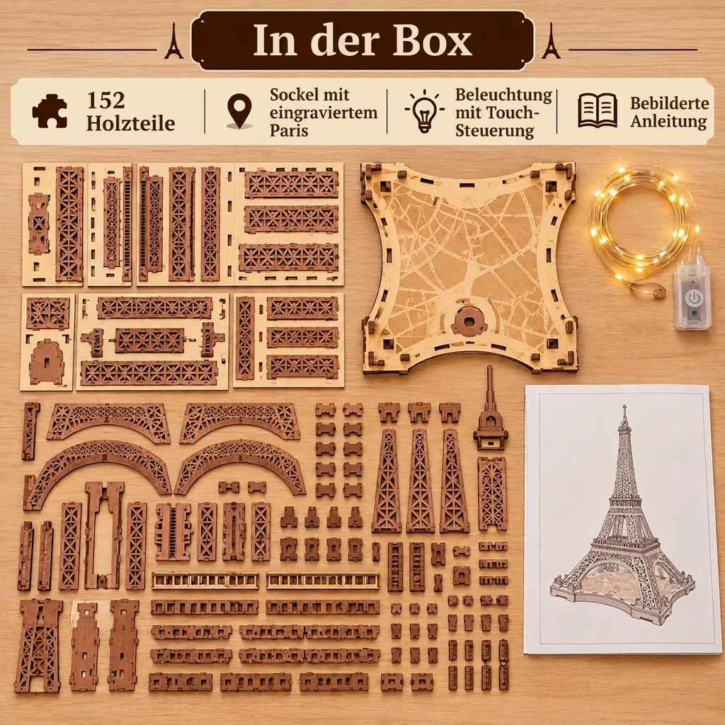 Inhalt des Sets Eiffelturm: 152 Holzteile, Sockel, Beleuchtung