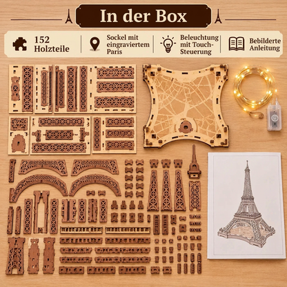 Inhalt des Sets Eiffelturm: 152 Holzteile, Sockel, Beleuchtung