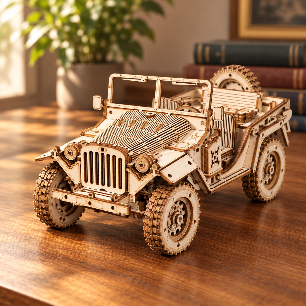 Maquette de vehicule tout-terrain en bois assemblee, posee sur un bureau