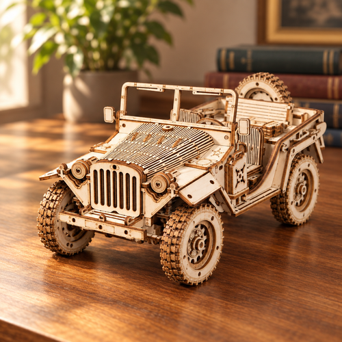 Maquette de vehicule tout-terrain en bois assemblee, posee sur un bureau