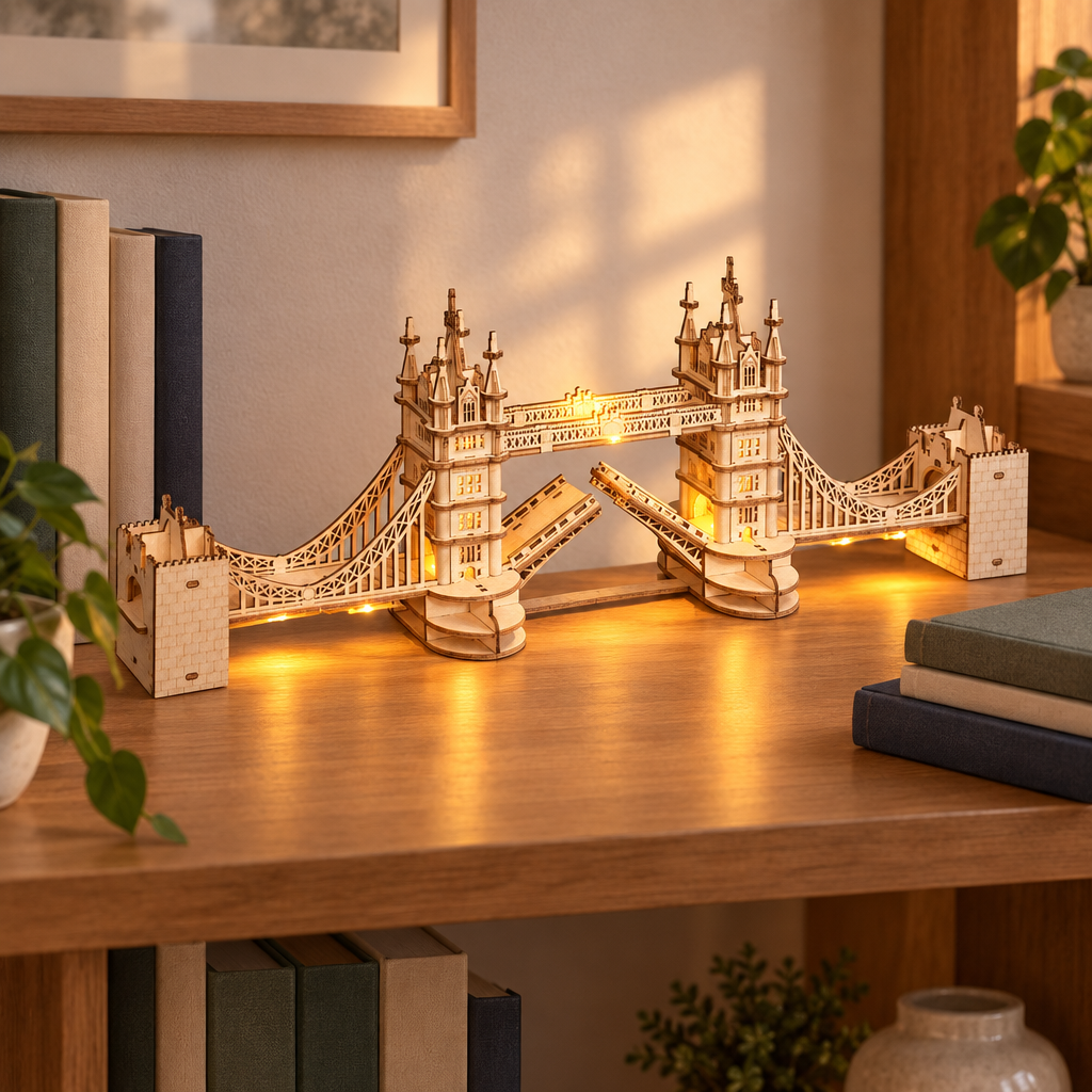 Le pont en bois allume, expose sur une etagere de bibliotheque