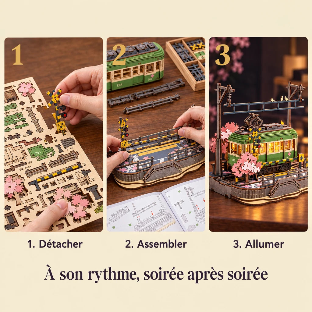 The three build steps of the Cherry Blossom Tram