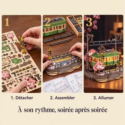 The three build steps of the Cherry Blossom Tram