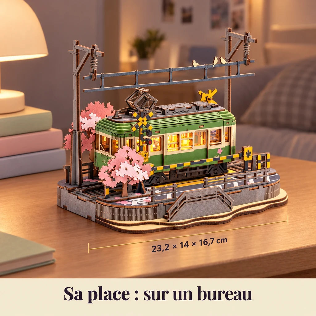 The Cherry Blossom Tram on a desk, dimensions 23.2 × 14 × 16.7 cm