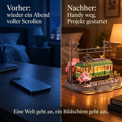 Vorher/Nachher: Handy weg, Aufbau von Kirschblüten-Straßenbahn