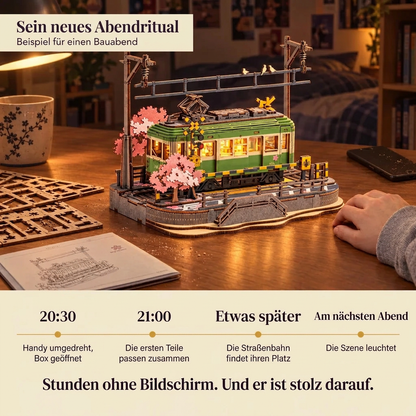 Ein Bauabend mit Kirschblüten-Straßenbahn