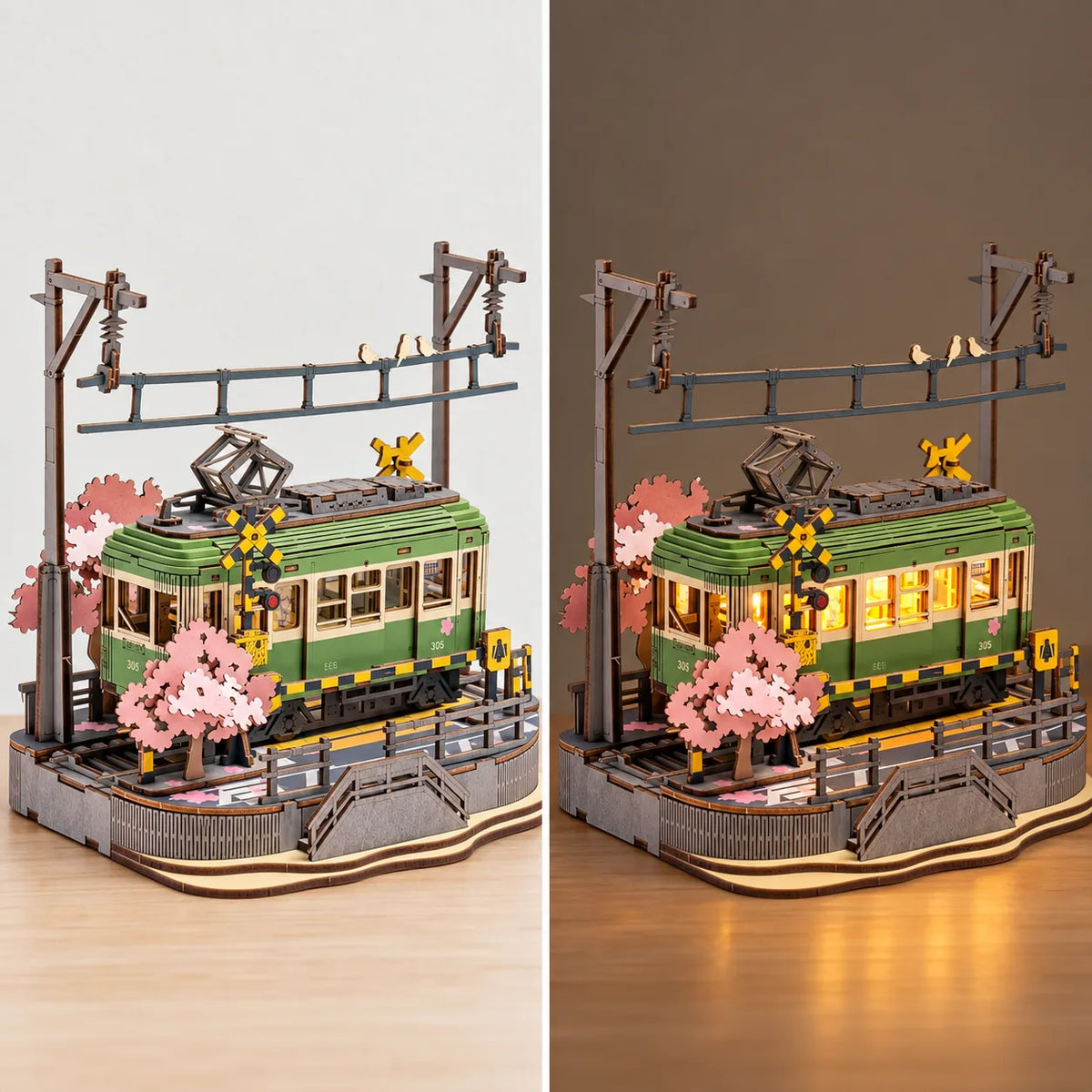 Tram Sakura avant et après allumage des lumières LED