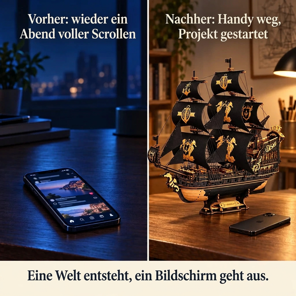 Vorher/Nachher: Handy weg, Aufbau von Dreimaster Seepferdchen