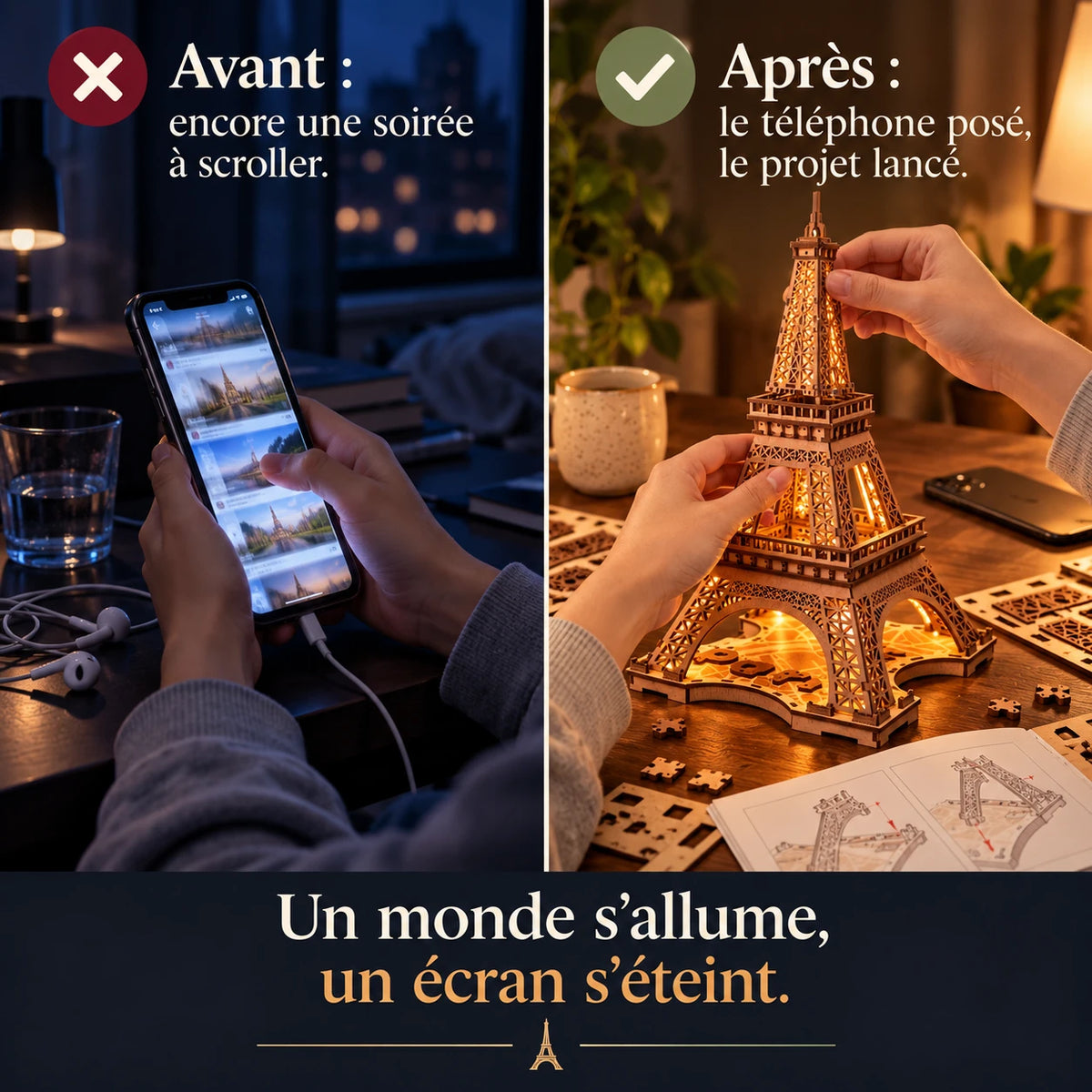 Avant après : téléphone posé et montage d’Une Nuit à Paris lancé
