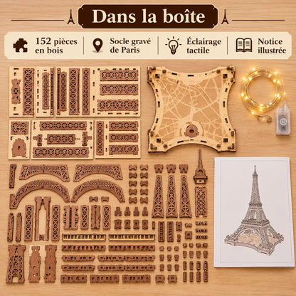 Contenu du kit Une Nuit à Paris : 152 pièces, socle gravé, éclairage et notice
