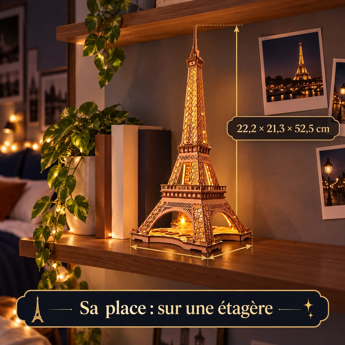Une Nuit à Paris sur une étagère, dimensions 22,2 × 21,3 × 52,5 cm