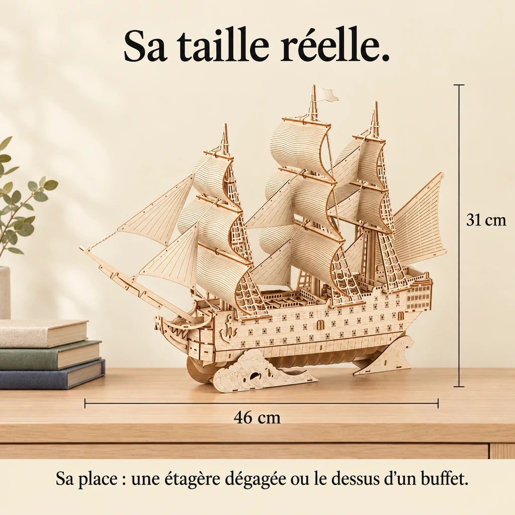 The Flagship on a piece of furniture, dimensions 46 × 13.8 × 31 cm