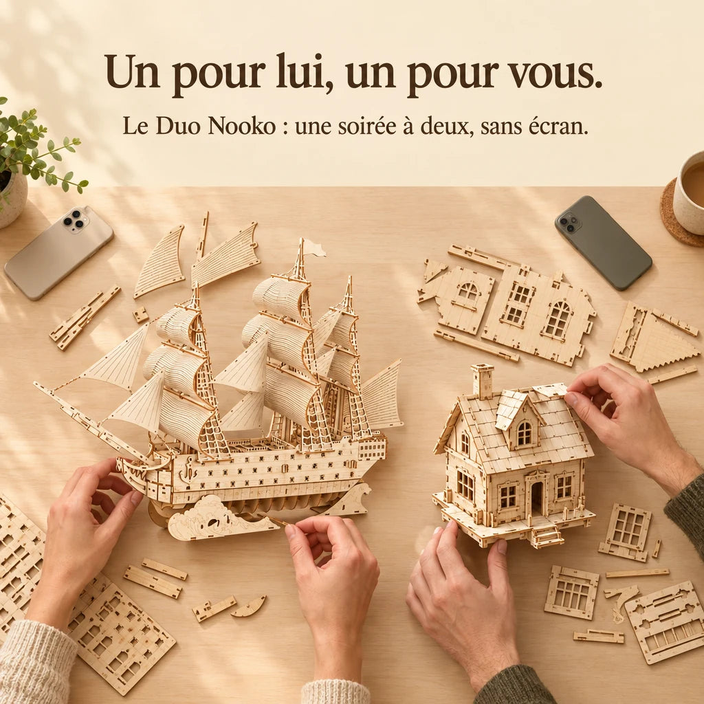 Two people building a NOOKO kit side by side, a screen-free evening