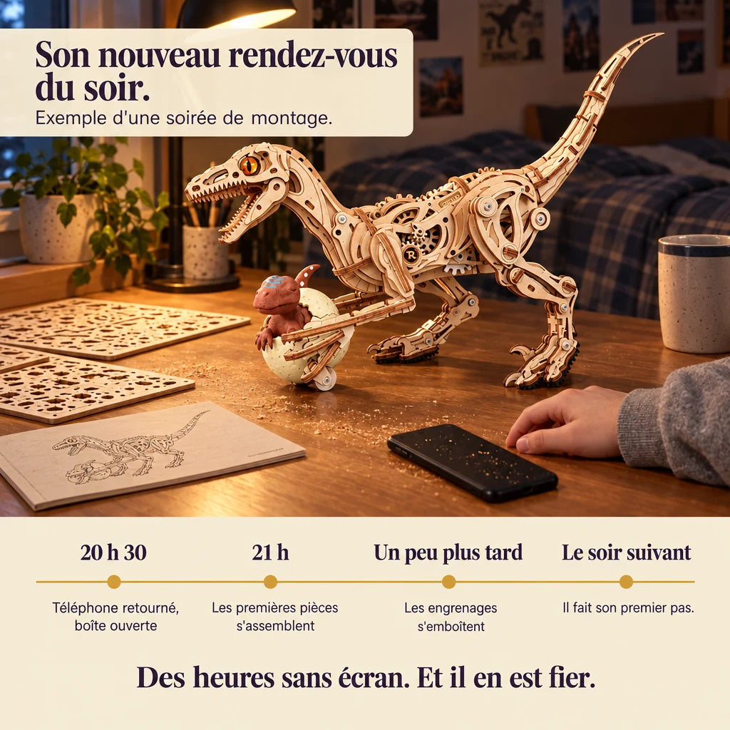 Timeline of an evening building the Walking Velociraptor, phone face down