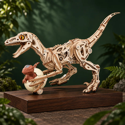 Vélociraptor mécanique en bois avec engrenages visibles et œuf fendu
