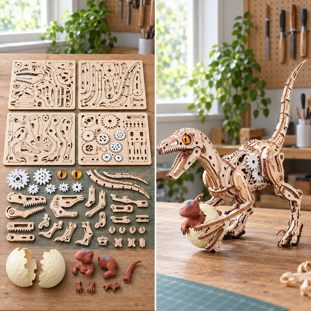 Avant et après montage du Vélociraptor mécanique en bois