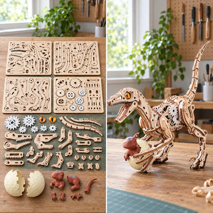Avant et après montage du Vélociraptor mécanique en bois
