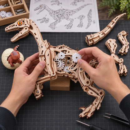 Installation d'un engrenage dans le mécanisme du Vélociraptor en bois