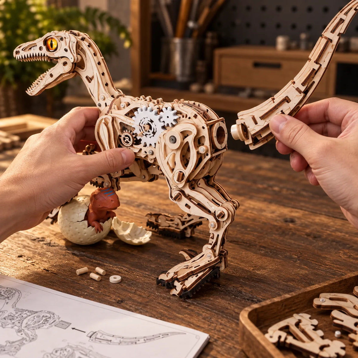 Assemblage de la queue articulée du Vélociraptor mécanique