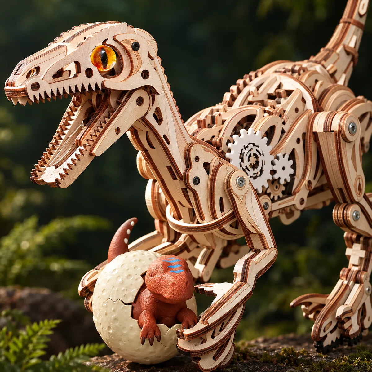 Détail de l'œil ambré, de la mâchoire et des engrenages du Vélociraptor