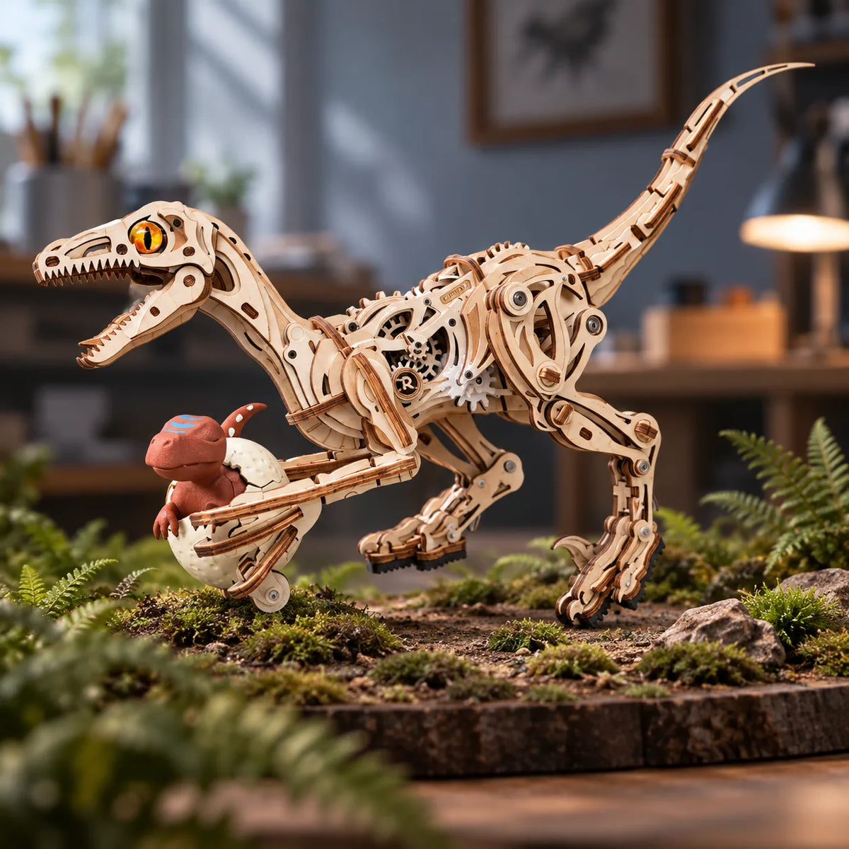 Vélociraptor mécanique en bois en position de marche sur un diorama
