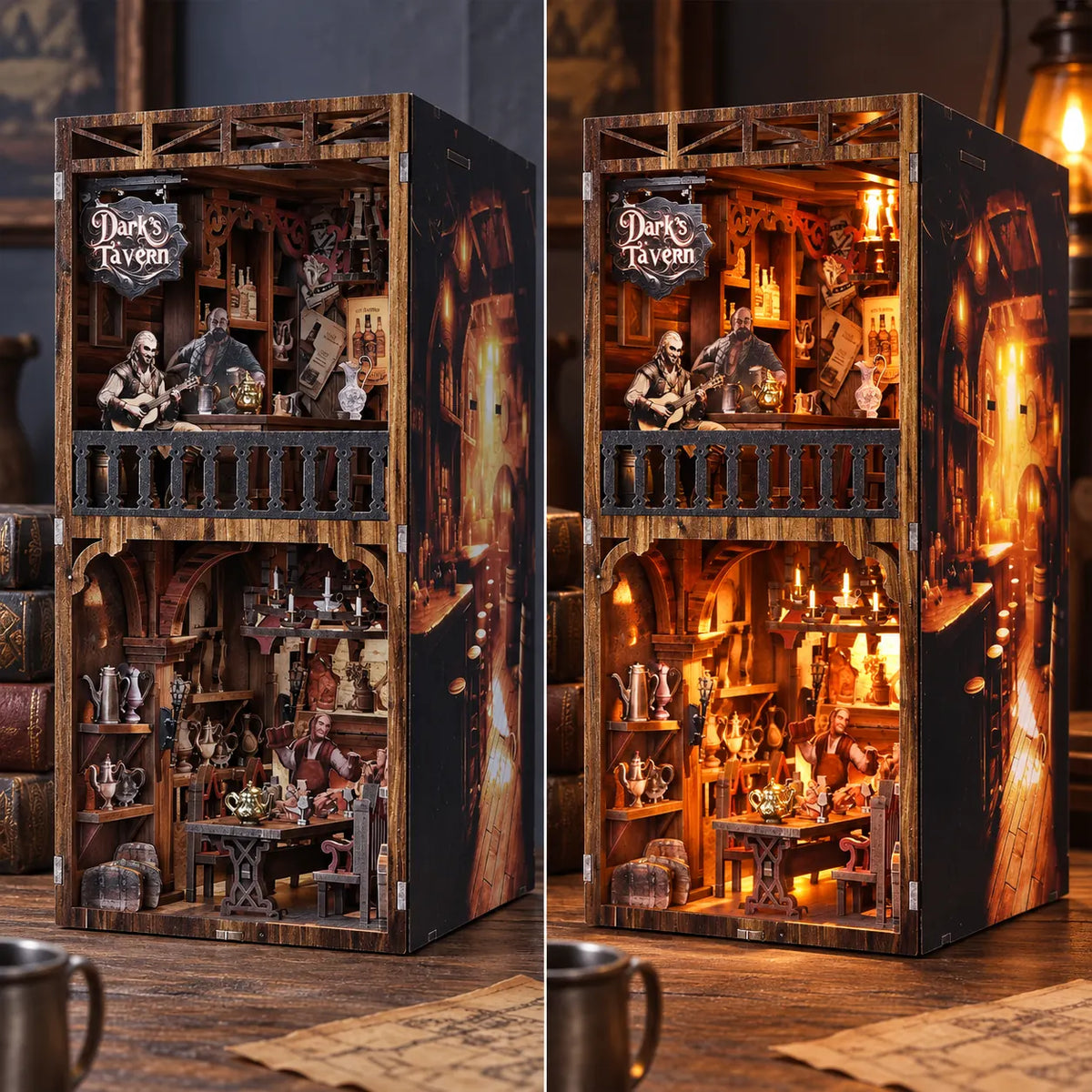 Le Vieux Pub avec éclairage LED éteint puis allumé