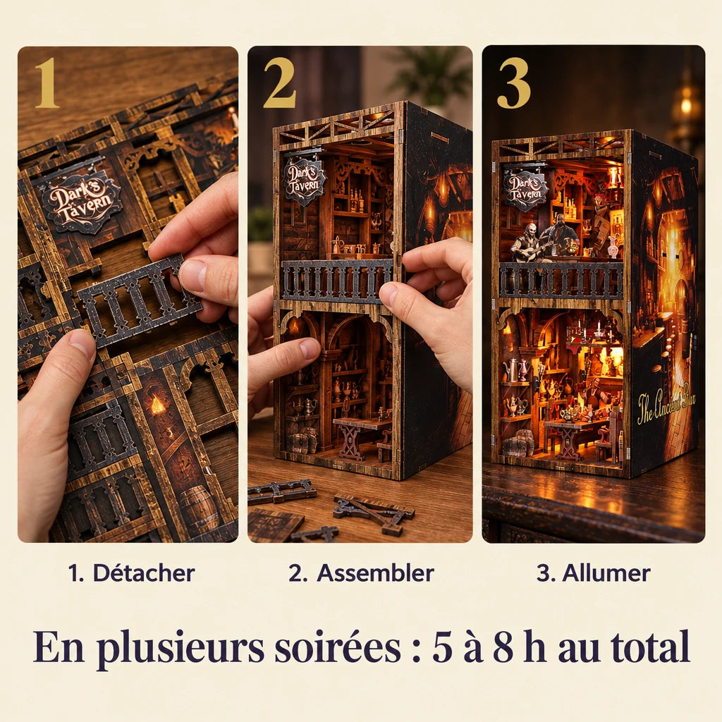 Les trois étapes de montage du Vieux Pub