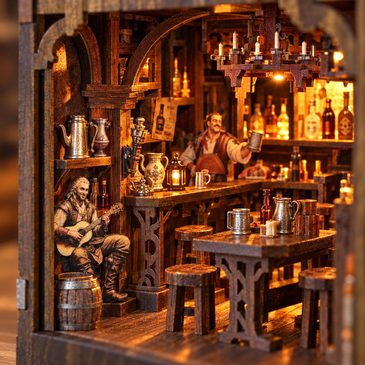 Détail du comptoir, des chopes et des tonneaux du Vieux Pub
