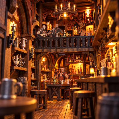 Vue immersive de l'intérieur éclairé du Vieux Pub sur deux niveaux